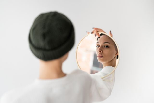 woman looking in the mirror and seeing herself